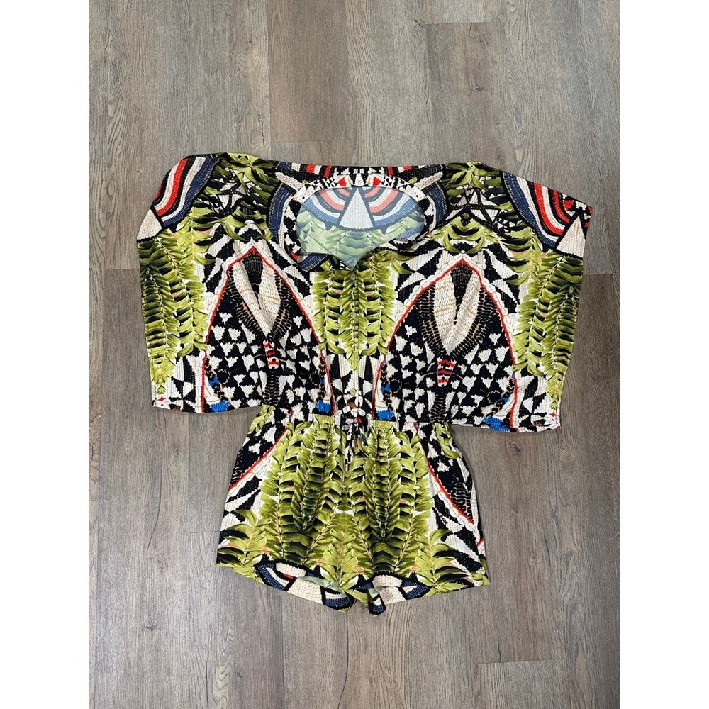 Hale Bob Tropical Leaf Geometric Print Romper Green Black Small